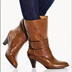 Frye Vintage Tina Leather Heeled Mid Calf BootsIm In Cognac Size 7.5